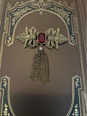 Vintage AJC Bow Brooch Red Stone Tassle